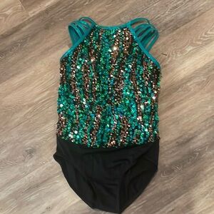 Weissman dance costume leotard, black, green, and bronze- child large